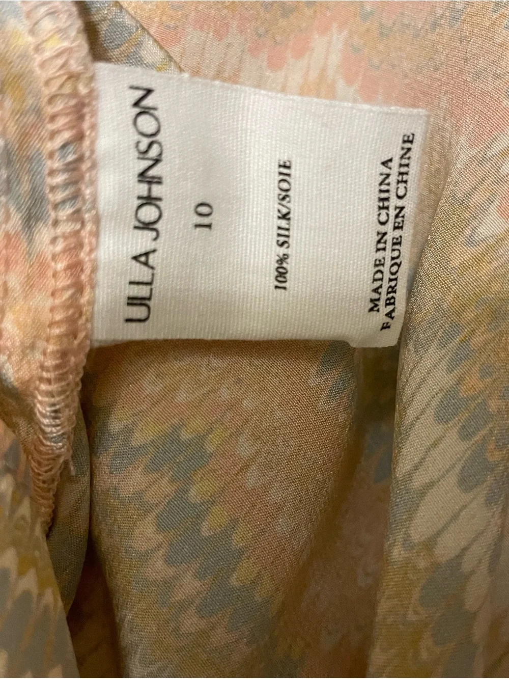 Ulla Johnson Corine Peach, Light Blue & Cream Wave-Print Ruffled Neck Blouse